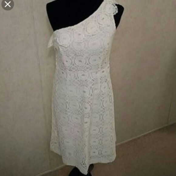 MERONA Romantic Boho One Shoulder Ivory Cream Lace Crochet Dress Sz 6 - Picture 2 of 5